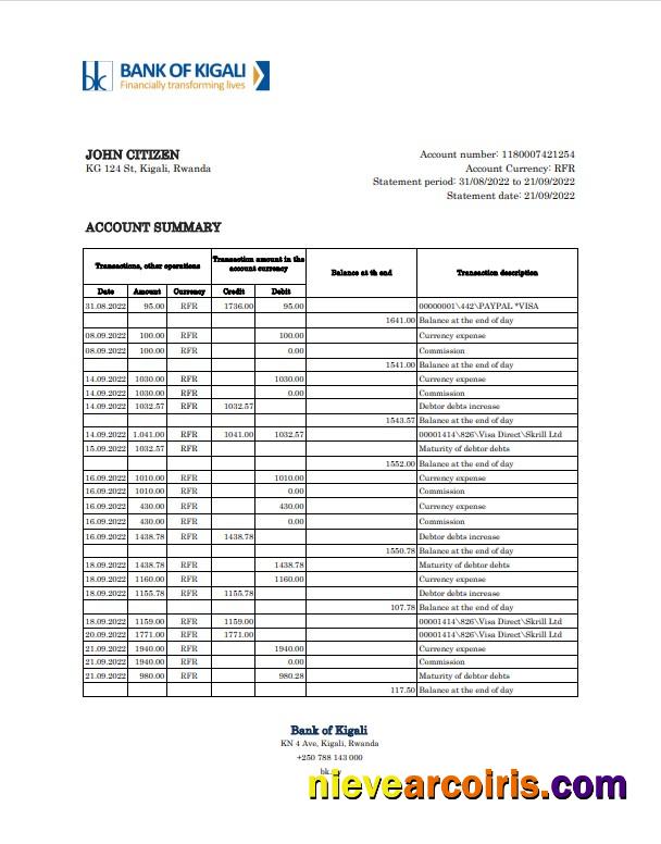 Rwanda Bank of Kigali bank statement, Excel and PDF